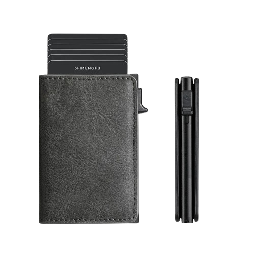 AEGIS Praetor – Porta Tarjetas Pop-Up de Aluminio y Cuero (Gris Mate)
