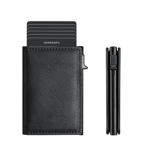 AEGIS Shadow – Porta Tarjetas Pop-Up de Aluminio y Cuero (Negro Mate)