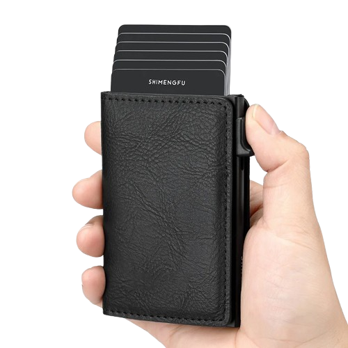 AEGIS Shadow – Porta Tarjetas Pop-Up de Aluminio y Cuero (Negro Mate)